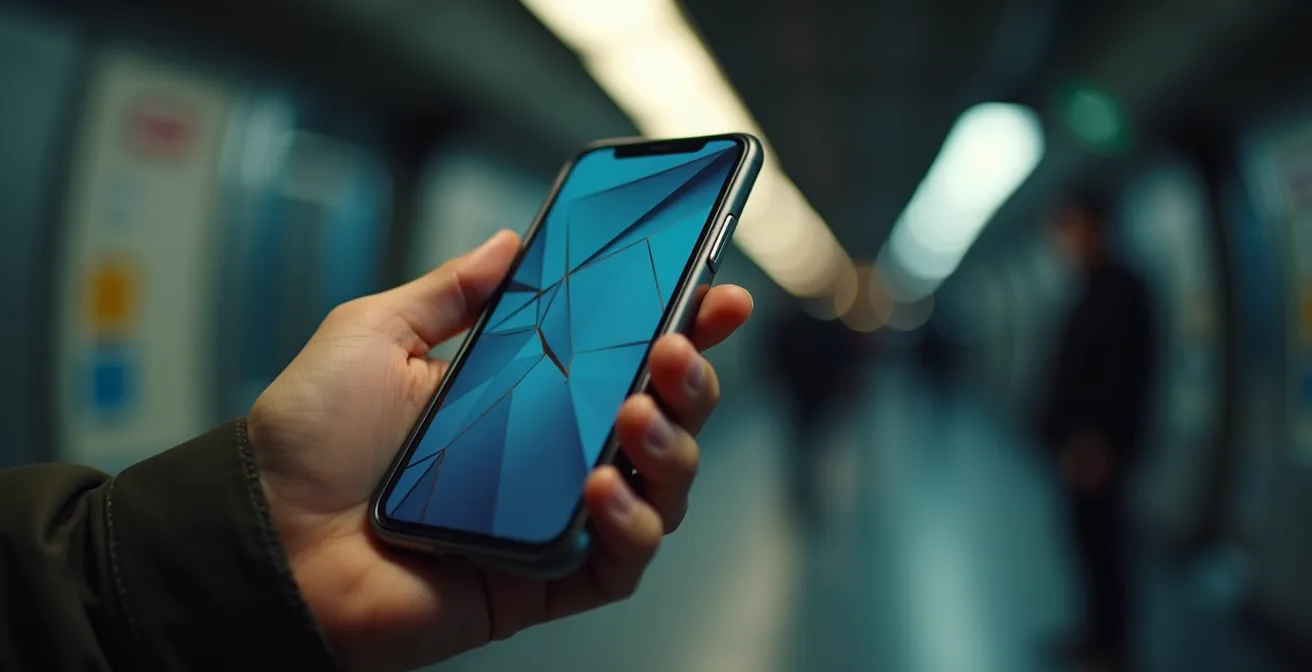 Main tenant un smartphone dans un couloir de métro souterrain éclairé