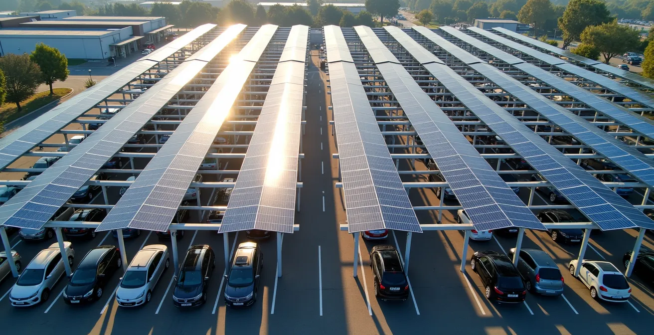 Vue aérienne d'un parking commercial équipé d'ombrières photovoltaïques avec véhicules stationnés