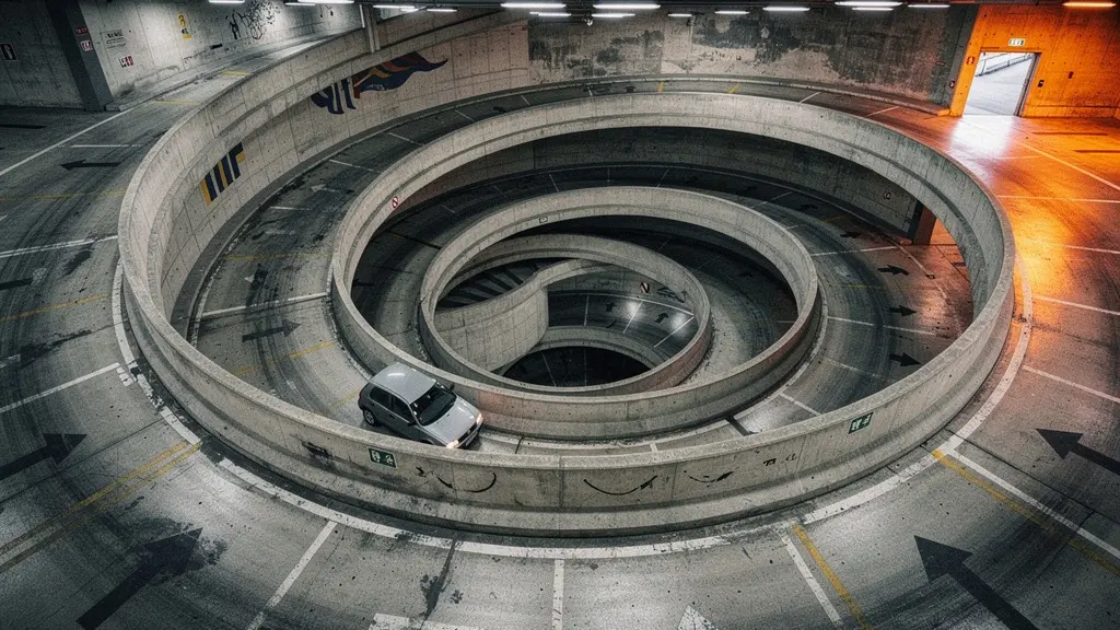 Vue en plongée d'une rampe en colimaçon de parking souterrain parisien avec éclairage artificiel et places étroites
