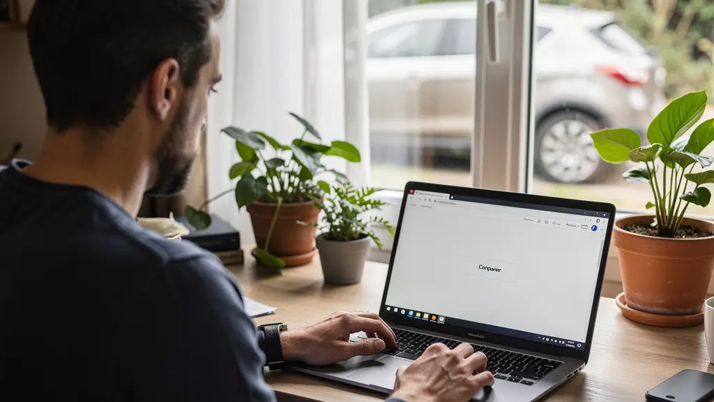 Personne comparant des offres d'assurance auto sur ordinateur depuis son domicile