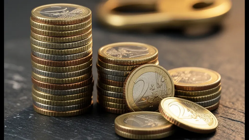 Piles de pièces en euro sur une surface sombre avec une clé de voiture floue en arrière-plan, illustrant le coût d'opportunité de l'apport en LOA