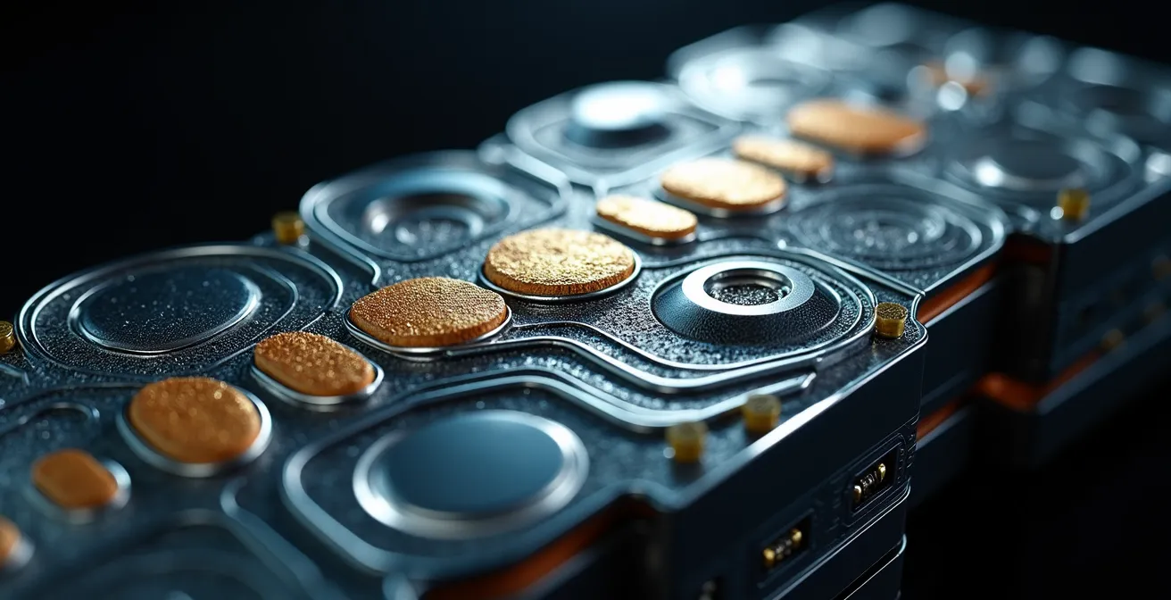 Coupe technique d'une pile à combustible montrant la complexité des membranes et circuits de refroidissement