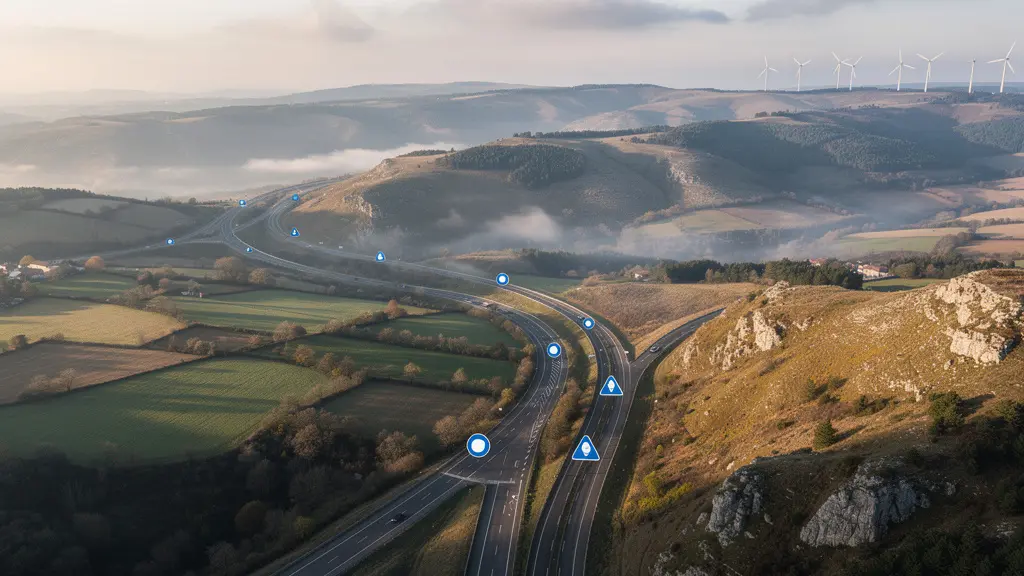 Vue aérienne minimaliste d'une autoroute française serpentant à travers le paysage avec zones de recharge marquées