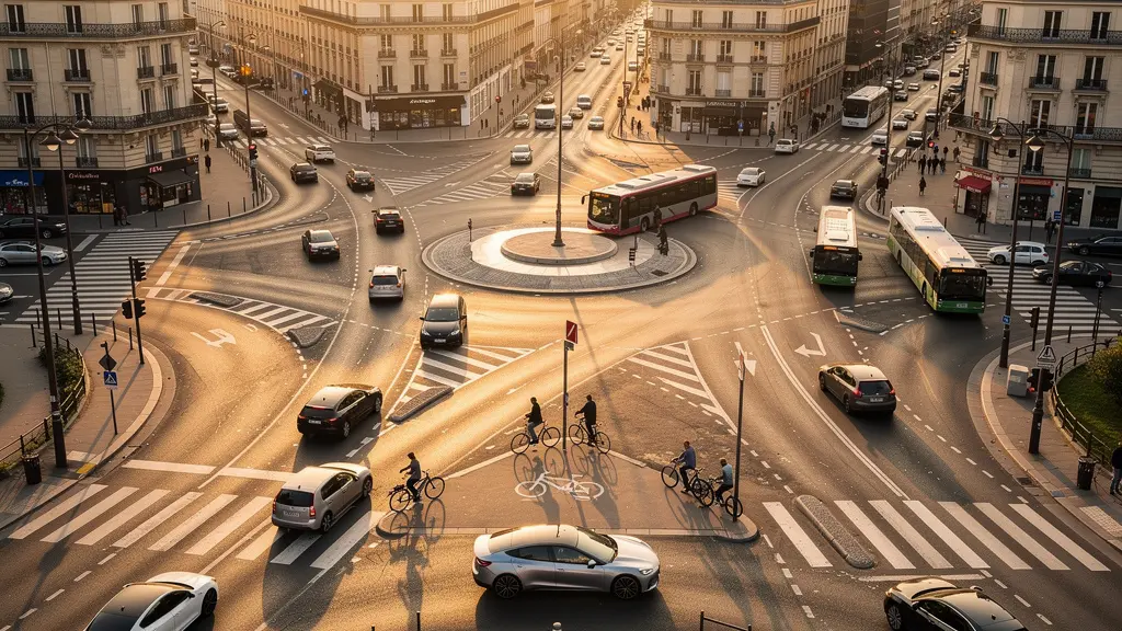 Vue aérienne d'un carrefour urbain montrant différents types de véhicules et les flux de circulation dans une zone à faibles émissions