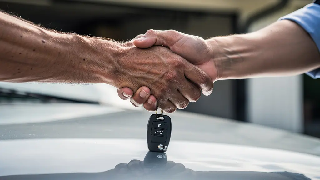 Plan serré sur une poignée de main hésitante entre deux personnes au-dessus d'un capot de voiture, symbolisant la transaction et la question de confiance.