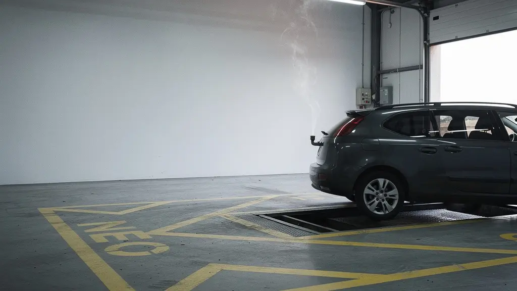 Vue rapprochée d'un pot d'échappement de voiture diesel dégageant un léger filet de fumée dans un atelier mécanique