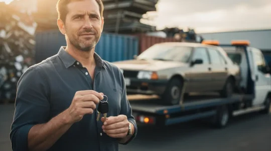 Illustration d'un automobiliste français remettant les clés d'un vieux véhicule diesel contre une somme d'argent symbolisant l'aide de l'État
