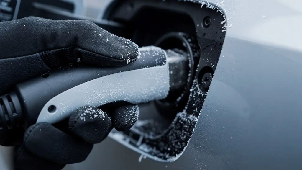 Gros plan d’une prise de recharge rapide couverte de givre avec une main gantée, illustrant une charge limitée par une batterie froide.