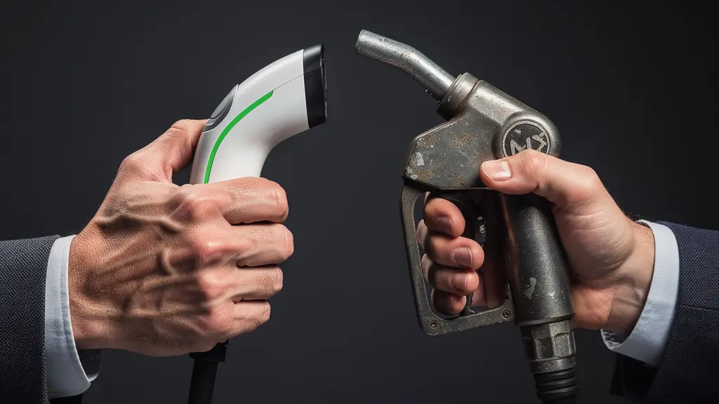 Gros plan sur une prise de recharge électrique et un pistolet de pompe diesel côte à côte, symbolisant le choix fiscal entre motorisations