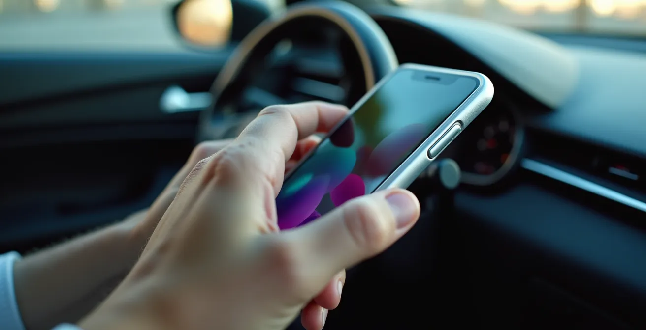 Main tenant un smartphone affichant une notification floue de rappel constructeur dans un habitacle de voiture moderne