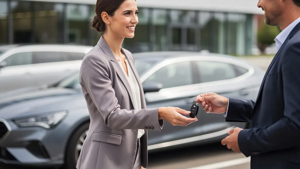 Échange de clés de véhicule de fonction entre collègues sur un parking d'entreprise