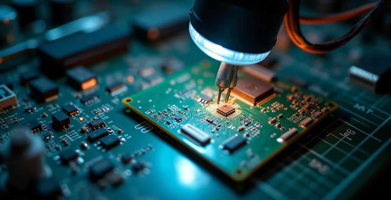 Technicien spécialisé travaillant sur la réparation d'un compteur digital démonté en atelier électronique