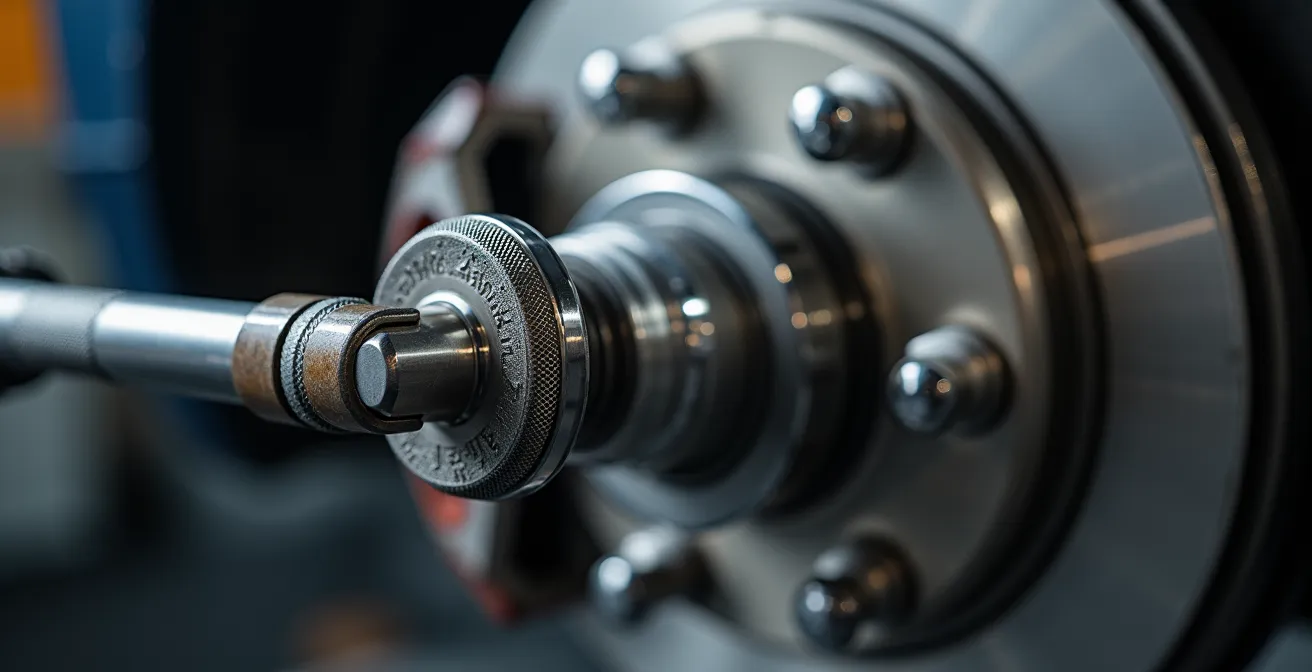 Gros plan sur un étrier de frein électrique avec outil de repousse-piston professionnel