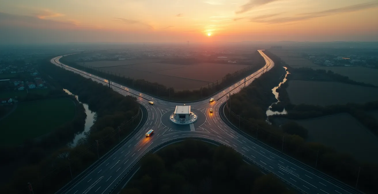 Vue aérienne montrant le contraste entre le réseau électrique dense et les rares stations hydrogène isolées