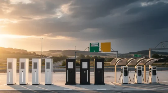 Aire d'autoroute française avec bornes de recharge rapide de différents réseaux sous ciel nuageux