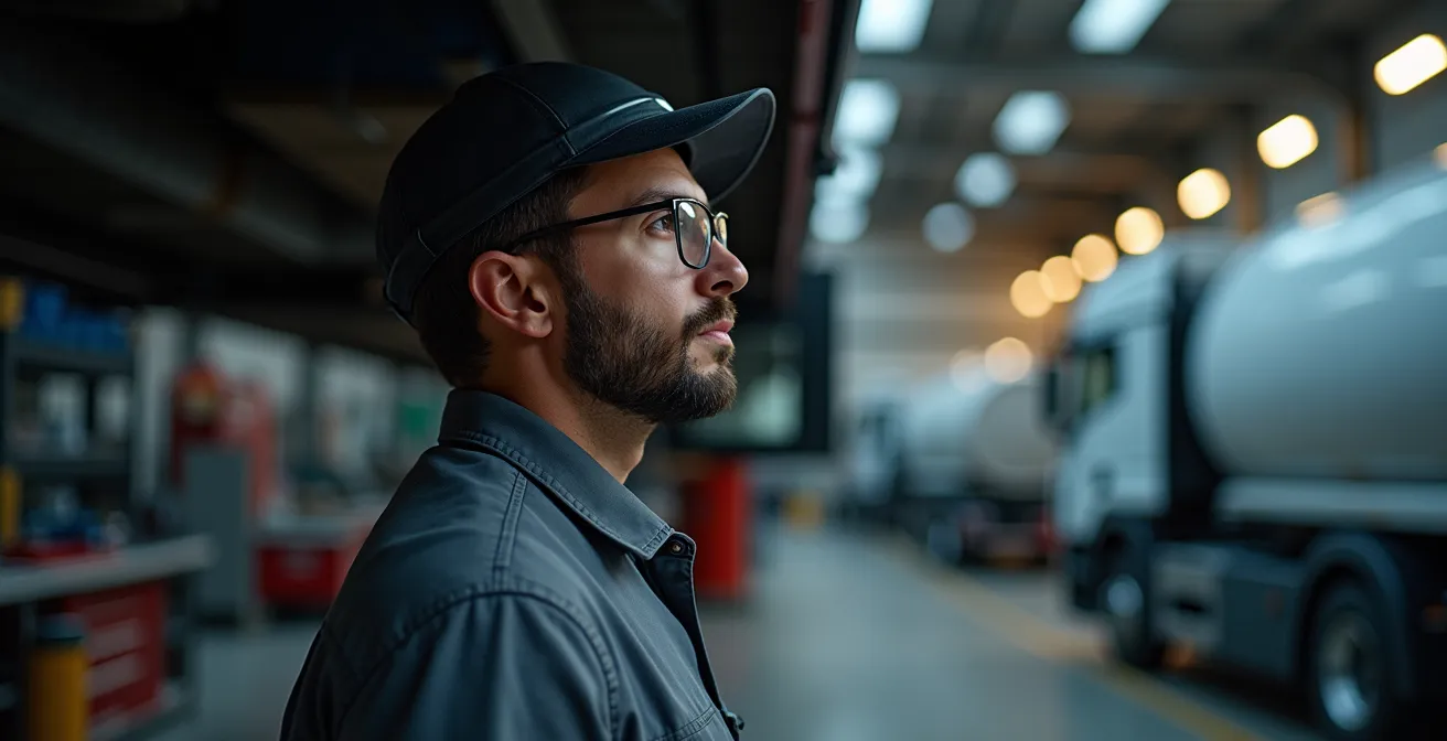 Technicien inspectant les réservoirs GNV d'un camion dans un atelier bien éclairé