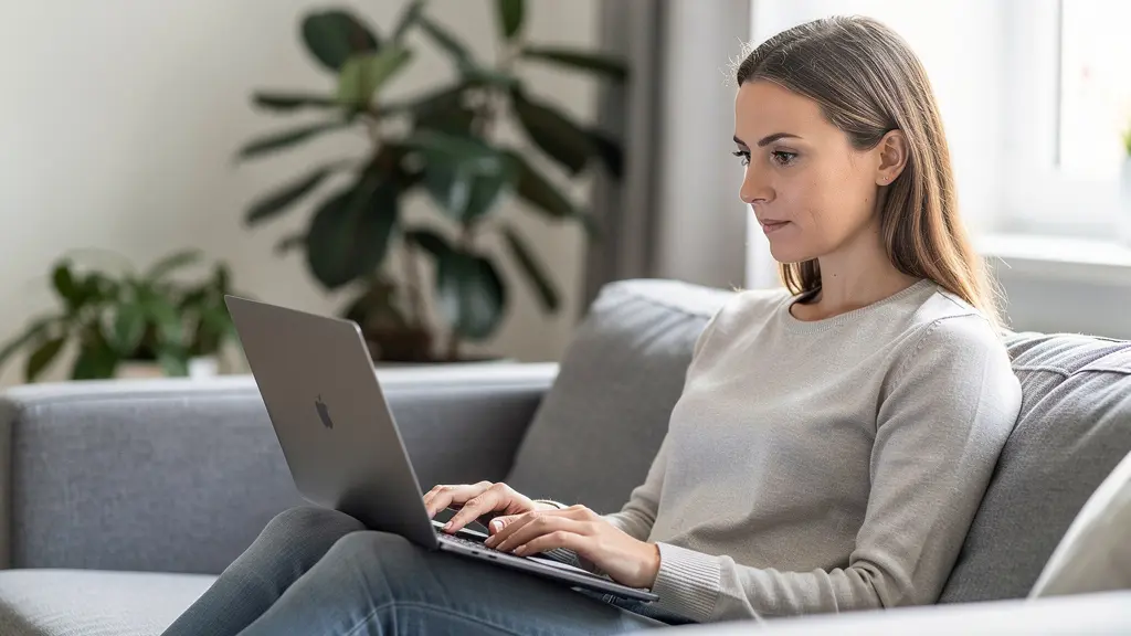 Personne souscrivant une assurance auto en ligne depuis son salon