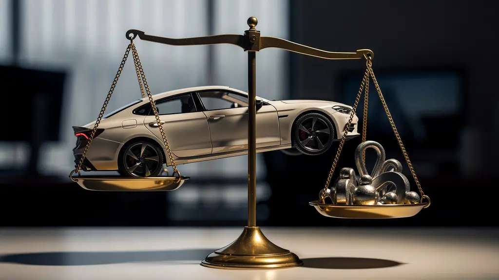 Mise en scène symbolique d'un équilibre financier précaire entre le prix d'une voiture et des accessoires.
