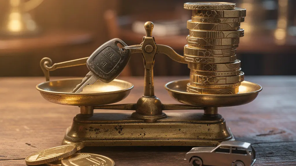 Gros plan sur une balance métallique pesant des clés de voiture d'un côté et des pièces de monnaie empilées de l'autre, illustrant le poids financier du malus écologique sur les SUV en France