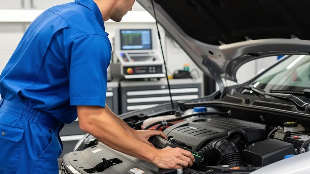 Technicien automobile inspectant un véhicule en atelier pour vérification des garanties LLD