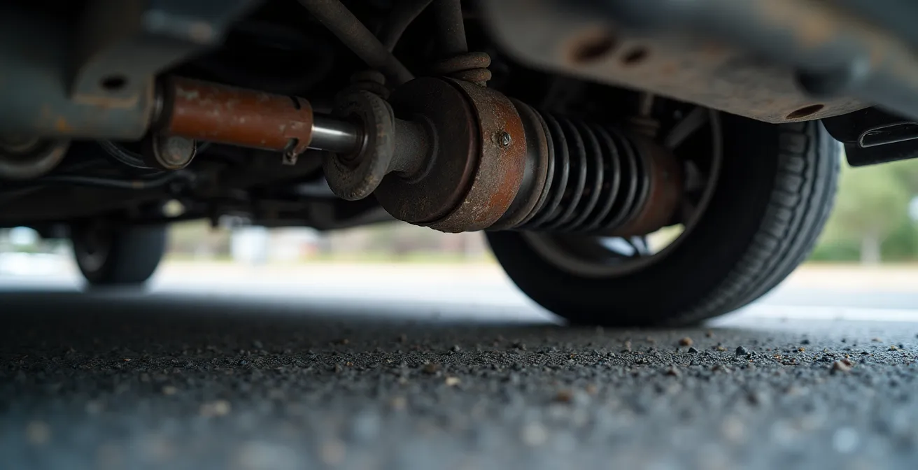 Test d'amortisseur sur un ralentisseur avec vue détaillée de la suspension automobile