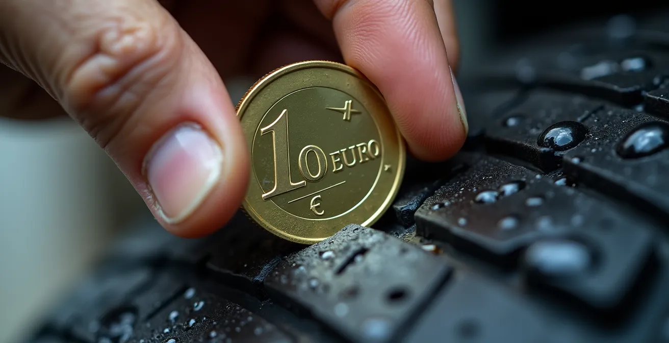 Gros plan d'une main tenant une pièce de 1 euro dans la rainure d'un pneu pour en mesurer la profondeur.