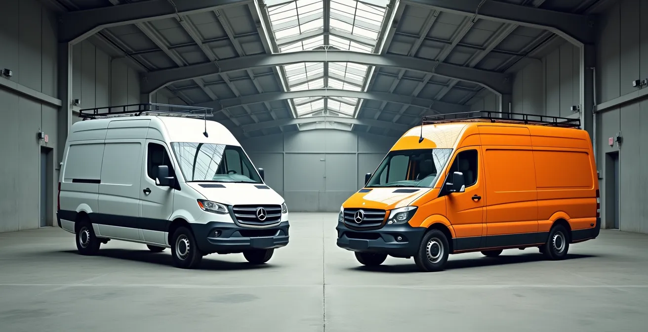 Comparaison visuelle de deux véhicules utilitaires identiques avec différentes configurations d'options et couleurs