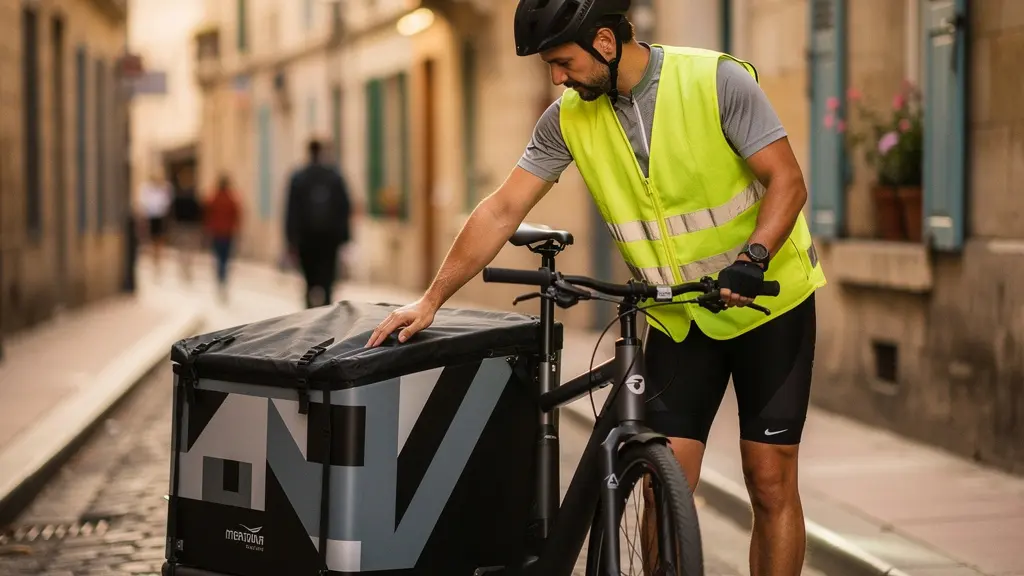 Vélo-cargo de livraison garé dans une ruelle pavée étroite d'un centre-ville historique français avec des façades en pierre