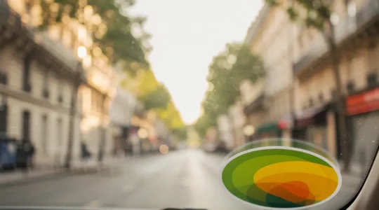 Gros plan sur un autocollant rond coloré apposé sur un pare-brise de voiture, avec un paysage urbain français flou en arrière-plan, évoquant la vignette Crit'Air et les zones à faibles émissions.