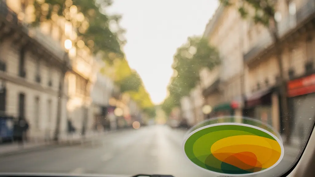 Gros plan sur un autocollant rond coloré apposé sur un pare-brise de voiture, avec un paysage urbain français flou en arrière-plan, évoquant la vignette Crit'Air et les zones à faibles émissions.