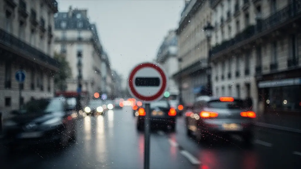 Vue urbaine floue suggérant une zone de circulation restreinte, avec des formes évoquant la signalisation sans texte lisible.