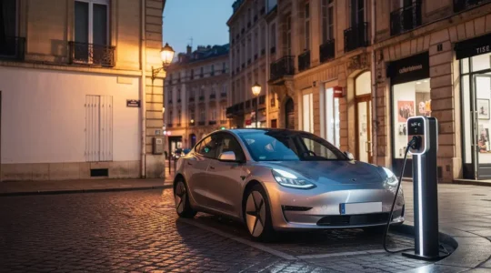 Une voiture électrique moderne branchée à une borne de recharge dans une rue française typique au crépuscule.