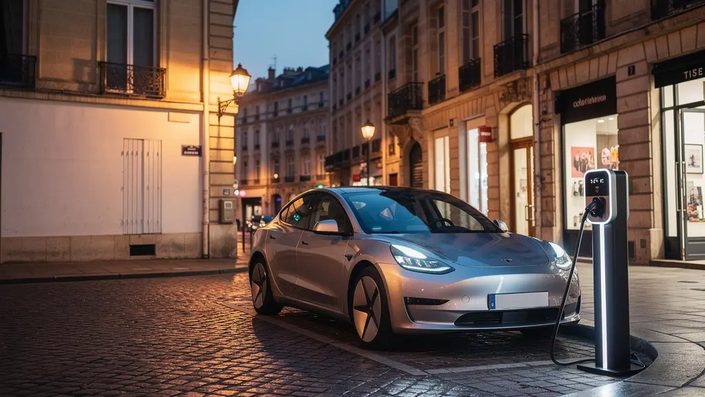 Une voiture électrique moderne branchée à une borne de recharge dans une rue française typique au crépuscule.