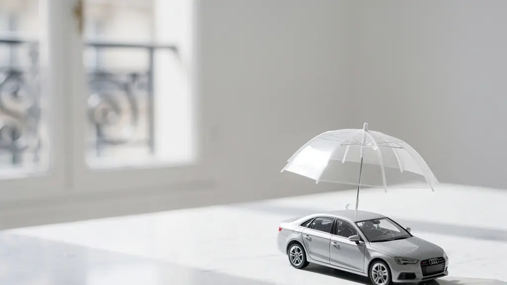 Petite voiture miniature protégée sous un parapluie transparent sur un fond épuré, symbolisant la garantie de perte financière en LOA