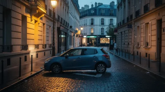 Voiture citadine stationnée de nuit dans une rue parisienne typique avec immeubles haussmanniens en arrière-plan