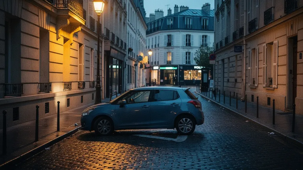 Voiture citadine stationnée de nuit dans une rue parisienne typique avec immeubles haussmanniens en arrière-plan
