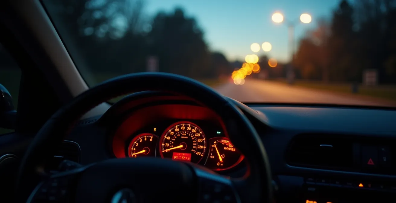 Vue rapprochée d'un tableau de bord automobile avec focus sur la zone des témoins lumineux